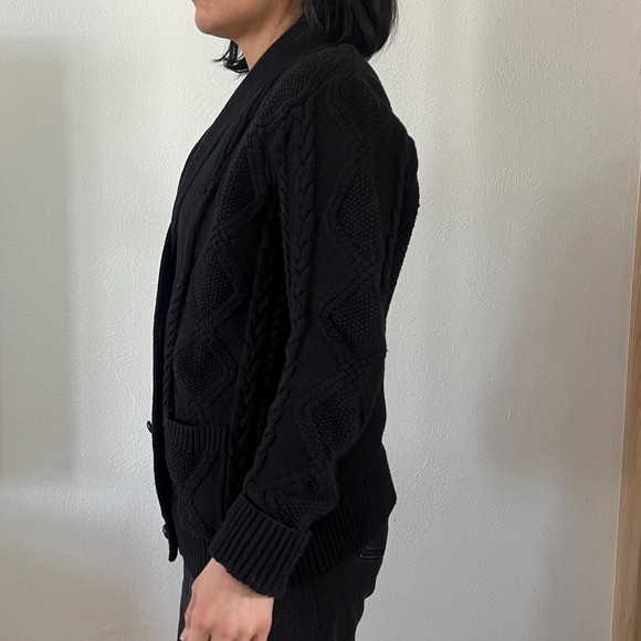 90s black grandpa sweater button down shawl collar cable knit cardigan large - Picture 6 of 13
